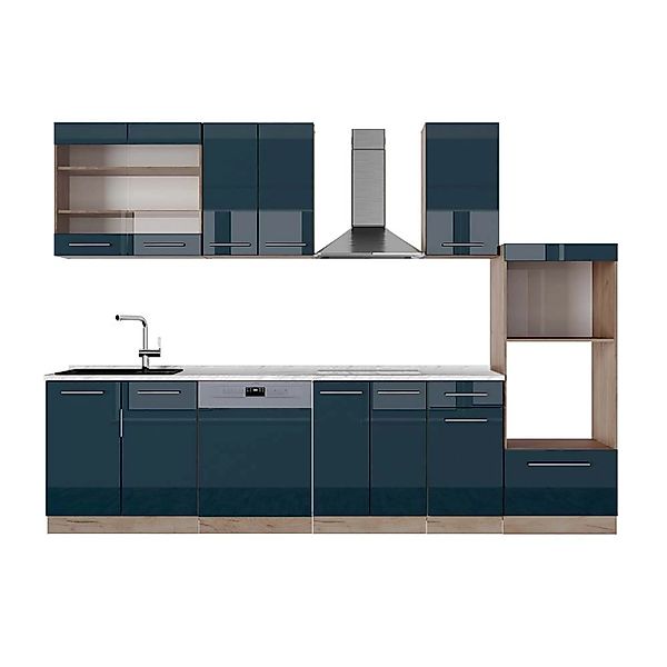 Vicco Fame-Line Küchenschränke Dunkelblau Hochglanz/Goldkraft Eiche 300 cm günstig online kaufen