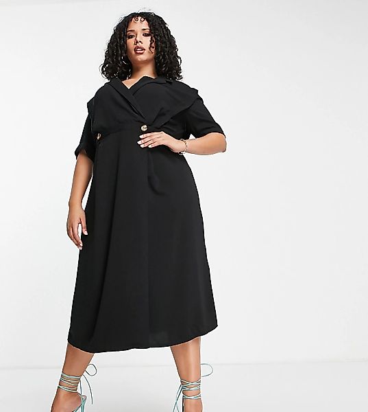ASOS DESIGN Curve – Midikleid aus Leinen in Schwarz im Anzug-Stil mit Wicke günstig online kaufen