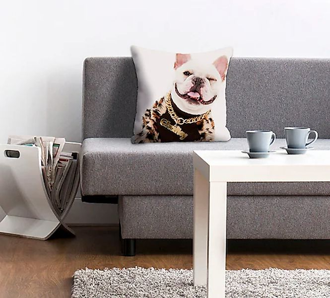 queence Dekokissen »Lars«, mit Hund im Rapperoutfit, Kissenhülle ohne Füllu günstig online kaufen