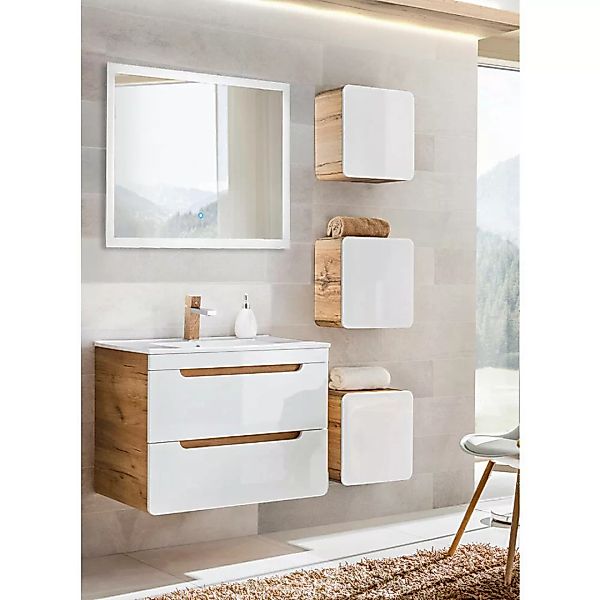 Lomadox Badezimmermöbel Set in Hochglanz weiß mit Wotaneiche LUTON-56, 80cm günstig online kaufen