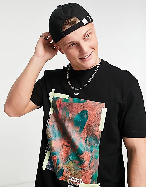 River Island – T-Shirt in regulärer Passform in Schwarz mit Foto-Design günstig online kaufen