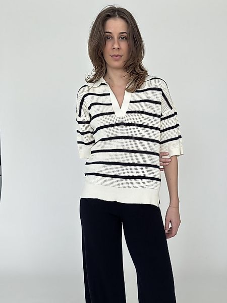 Zuckerwatte Polokragenpullover gestreifter V-Ausschnitt Pullover, Lochstric günstig online kaufen