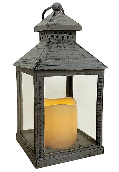 LED Laterne Grau mit Kerze Windlicht Flammeneffekt Flackernd Timer 23cm günstig online kaufen