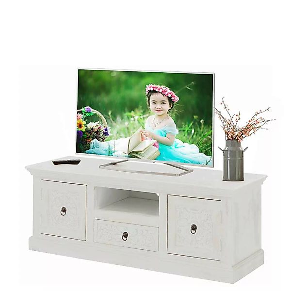 Fernsehlowboard weiß aus Mangobaum Massivholz Landhausstil günstig online kaufen