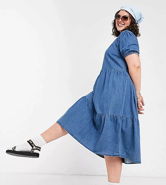 Noisy May Curve – Midi-Hängerkleid aus Leinen in Mittelblau günstig online kaufen