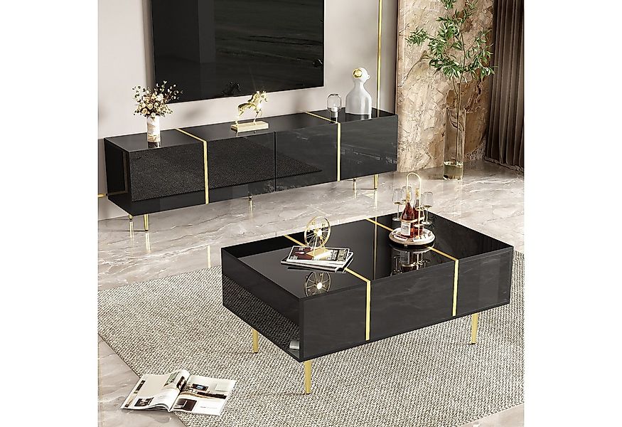 HAUSS SPOLE Wohnzimmer-Set mit Hochglanz-schwarz TV-Schrank und Couchtisch günstig online kaufen