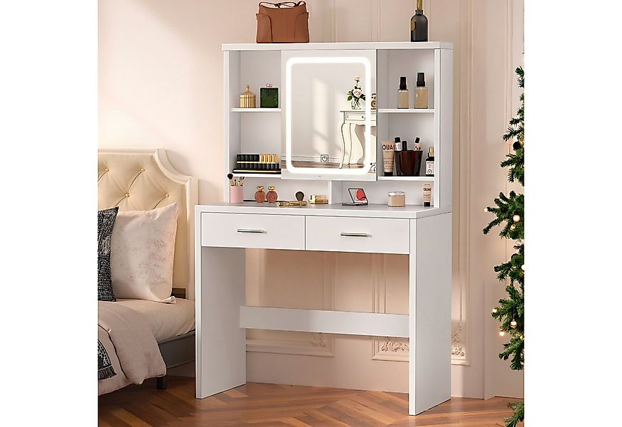 oyajia Schminktisch Mit Spiegel und dreifarbigem LED-Licht 2 Schubladen 5 A günstig online kaufen