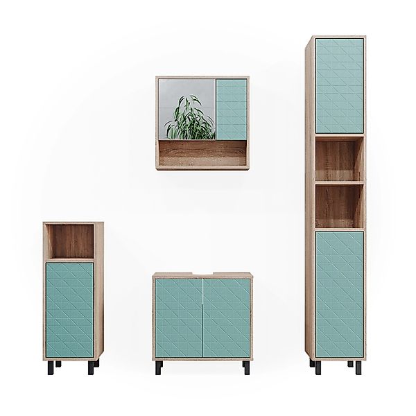 Vicco Badmöbel-Set Agasta Mintgrün/Sonoma 4 Teile mit Hochschrank und Kommo günstig online kaufen