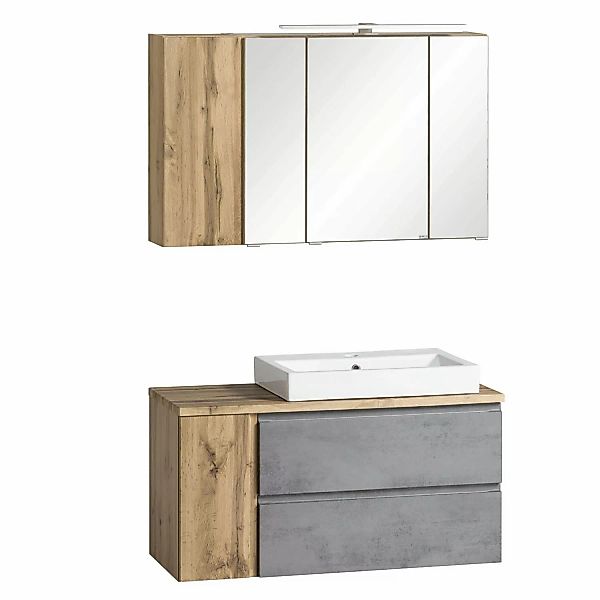 Held Möbel 2-tlg Waschtisch-Set Ancona 105 cm Betongrau-Wotaneiche Becken r günstig online kaufen