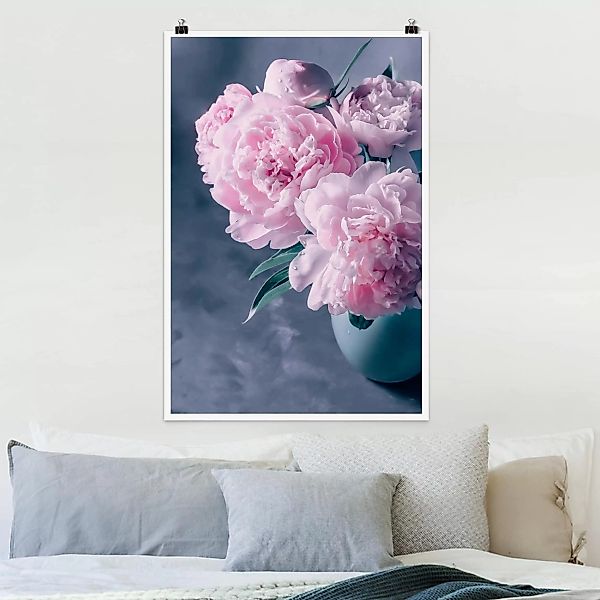 Poster - Hochformat Vase mit Rosa Pfingstrosen Shabby günstig online kaufen