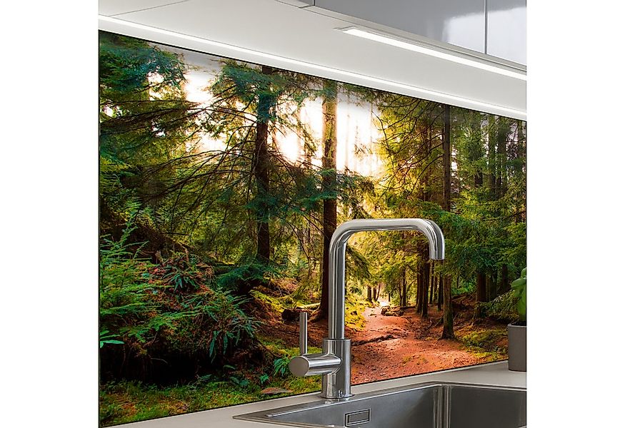 KitchenYeah Küchenrückwand selbstklebend Wald - Weg - Bäume - Grün - Sonne günstig online kaufen