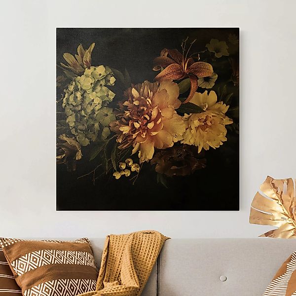 Leinwandbild Gold Blumen mit Nebel auf Schwarz günstig online kaufen