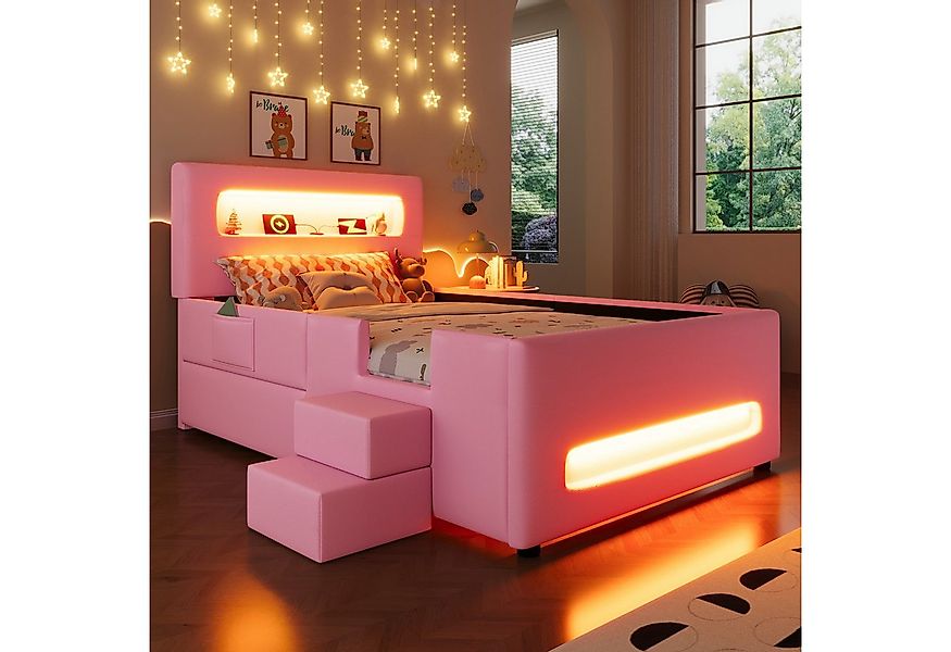 Merax Polsterbett 90x200cm Plattformbett mit LED-Lichtleisten (Jugendbett E günstig online kaufen
