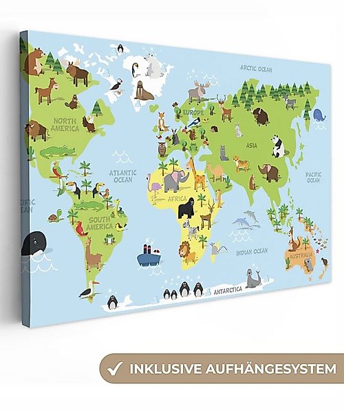 OneMillionCanvasses® Leinwandbild Weltkarte - Kinder - Tiere - Blau - Grün, günstig online kaufen