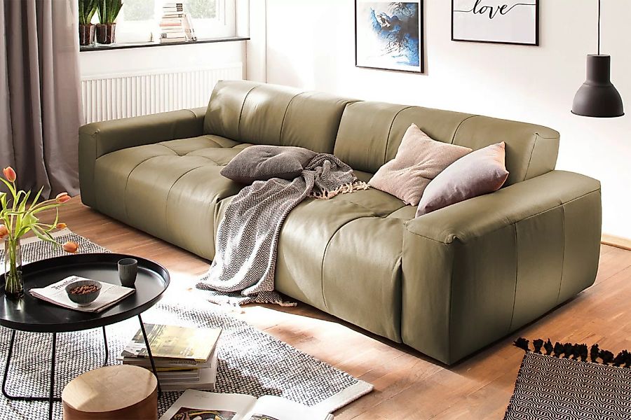 KAWOLA Big Sofa PALACE 3-Sitzer mit Sitztiefenverstellung Leder oliv günstig online kaufen