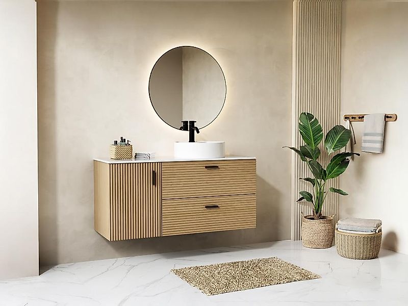 Badezimmermöbel geriffelt hängend mit Aufsatzwaschbecken rund - 1 Tür und 2 günstig online kaufen