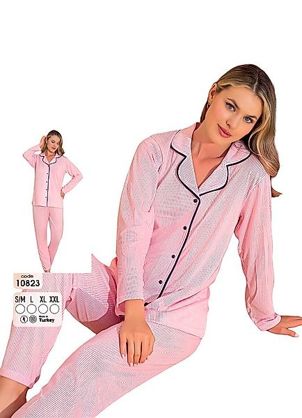 fashionshowcase Schlafanzug Damen Pyjama Set Zweiteilig, Rosa-Weiß Baumwoll günstig online kaufen