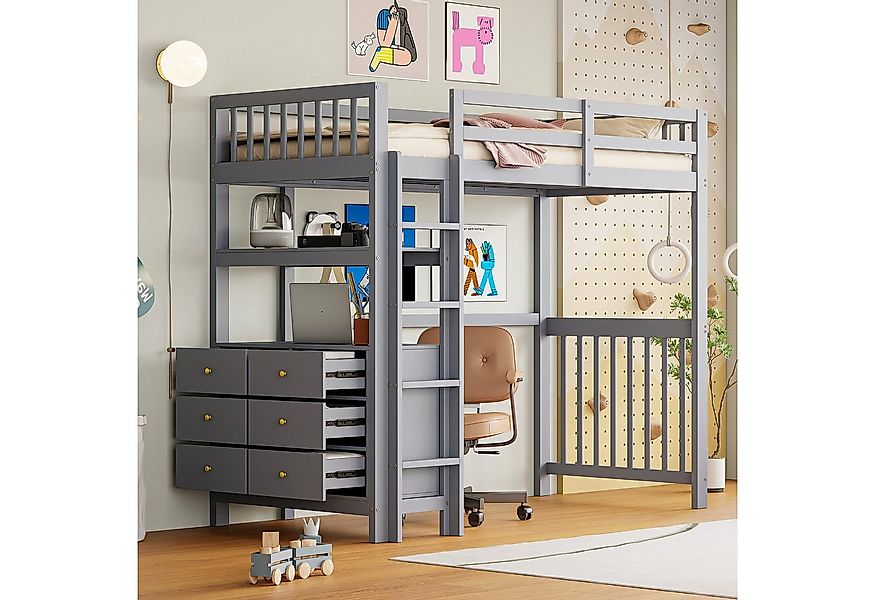 Flieks Hochbett Massivholz Kinderbett 90x200cm mit 6-Schubladen-Kommode und günstig online kaufen