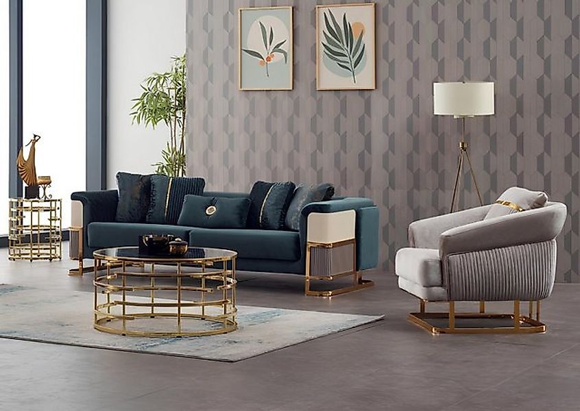 JVmoebel Sofa Polstersofa Couchgarnitur Dreisitzer Sessel Grün Couch Stoffs günstig online kaufen