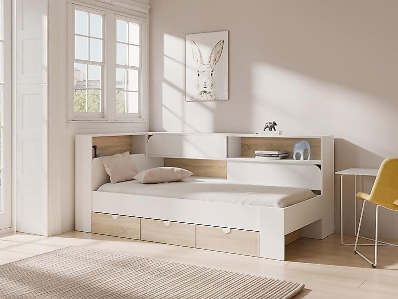 Bett 90 x 190 cm mit Stauraum - Farbe: Weiß und natürlich - TAMADU günstig online kaufen