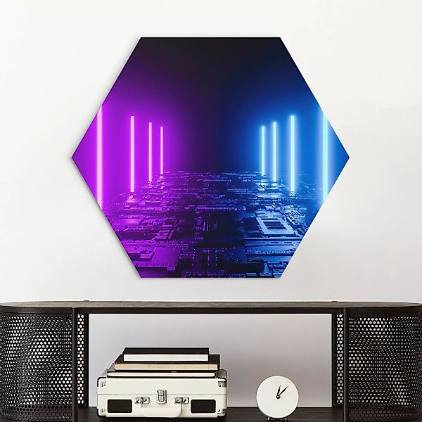 Hexagon-Alu-Dibond Bild Neonlichter in Lila und Blau günstig online kaufen