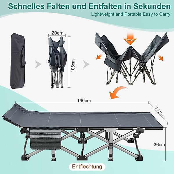 Meulbaty Klappbett 190x71x36cm klappbar Feldbett, Stahlrahmen günstig online kaufen