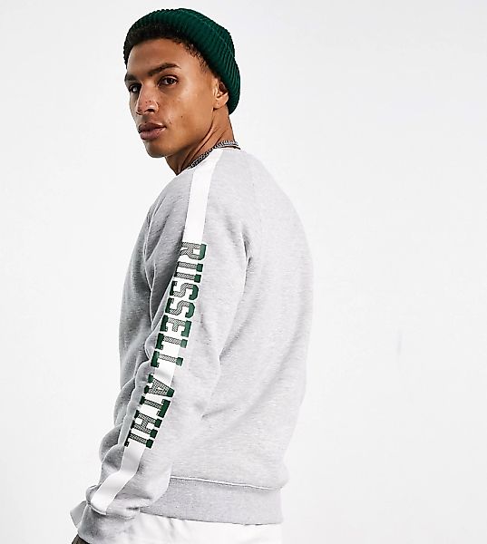 Russell Athletic – Sweatshirt mit Streifenbahnen in Grün und Rundhalsaussch günstig online kaufen