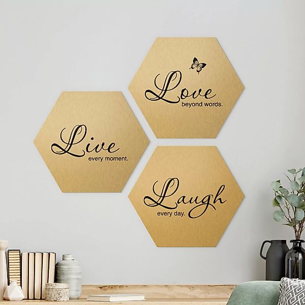 3-teiliges Hexagon-Alu-Dibond Bild Live Laugh Love günstig online kaufen