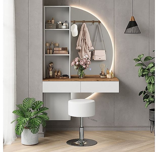 Vicco Schminktisch Melora, Weiß/Eiche, 100 cm mit LED-Spiegel und Hocker günstig online kaufen