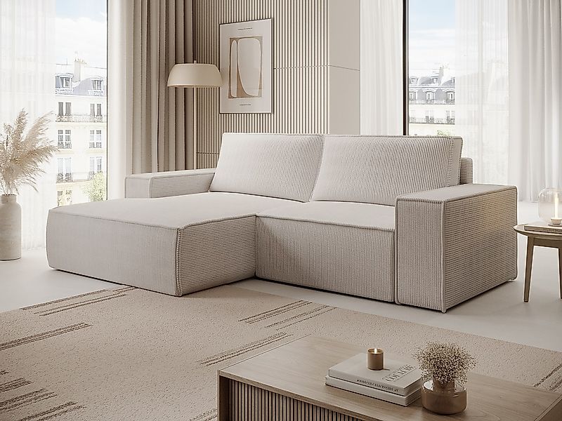 Kleines Ecksofa mit Schlaffunktion - Ecke links - Cord - Beige - AMELIA günstig online kaufen