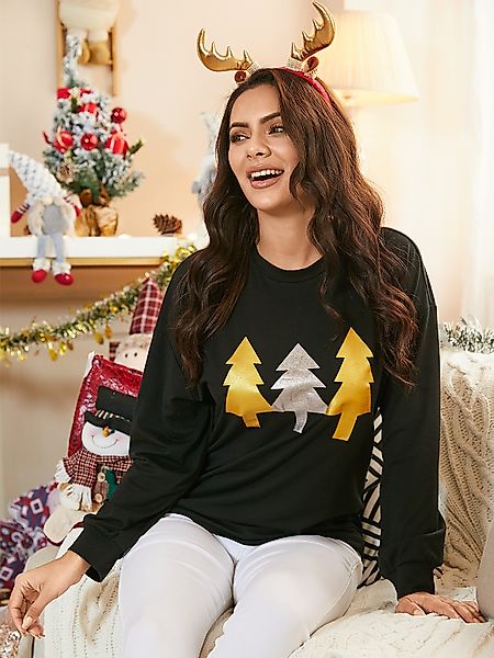 YOINS Black Christmas Tree Pattern Langarm-T-Shirt mit Rundhalsausschnitt günstig online kaufen