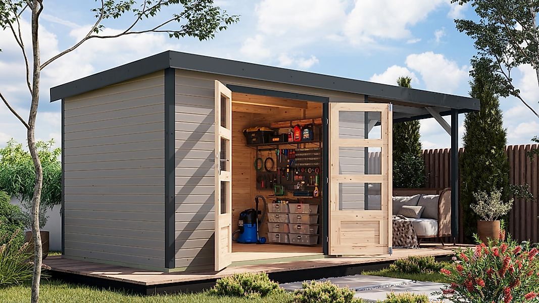 Karibu Gartenhaus ""Jupiter 4 D" SET wassergrau, mit Anbaudach 2,35 m breit günstig online kaufen