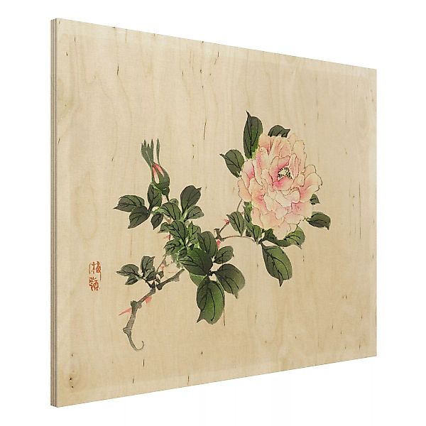 Holzbild Blumen - Querformat 4:3 Asiatische Vintage Zeichnung Rosa Rose günstig online kaufen