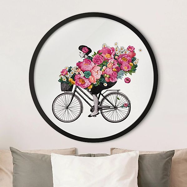 Rundes Gerahmtes Bild Illustration Frau auf Fahrrad Collage bunte Blumen günstig online kaufen