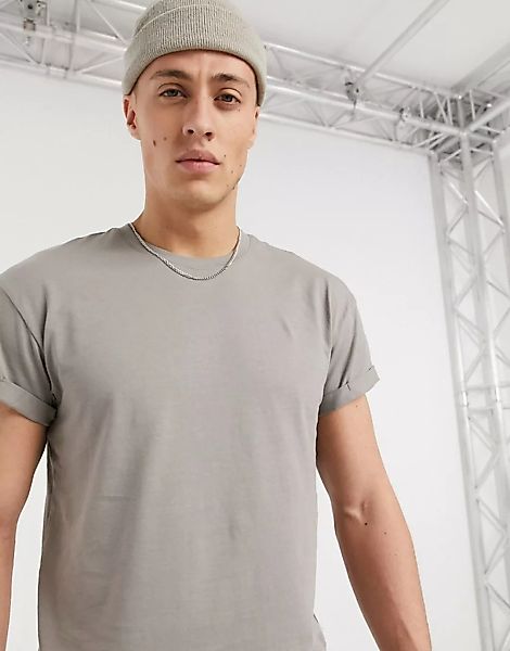 New Look – Hellgraues T-Shirt mit Rollärmeln günstig online kaufen