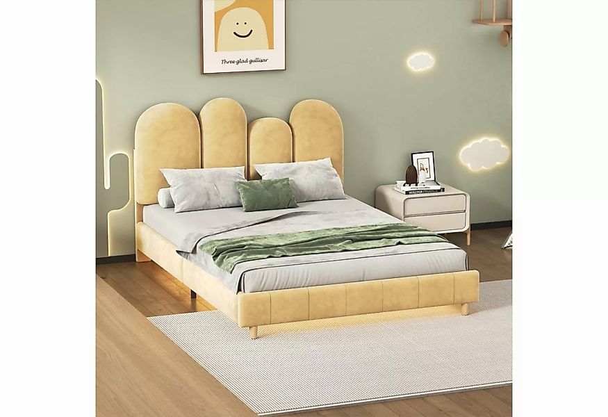 OKWISH Polsterbett mit Unterbett-LED-Lichtleiste in warmem Gelb, mit Holzla günstig online kaufen