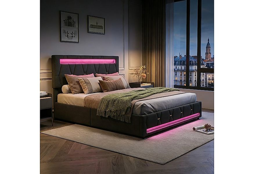 PXloue Polsterbett Stauraumbett mit Lattenrost und 4 Schubladen, LED-Beleuc günstig online kaufen