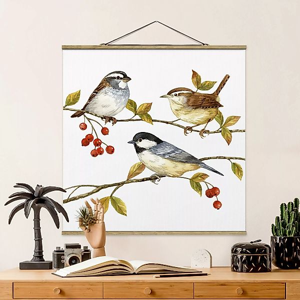 Stoffbild Tiere mit Posterleisten - Quadrat Vögel und Beeren - Meisen günstig online kaufen