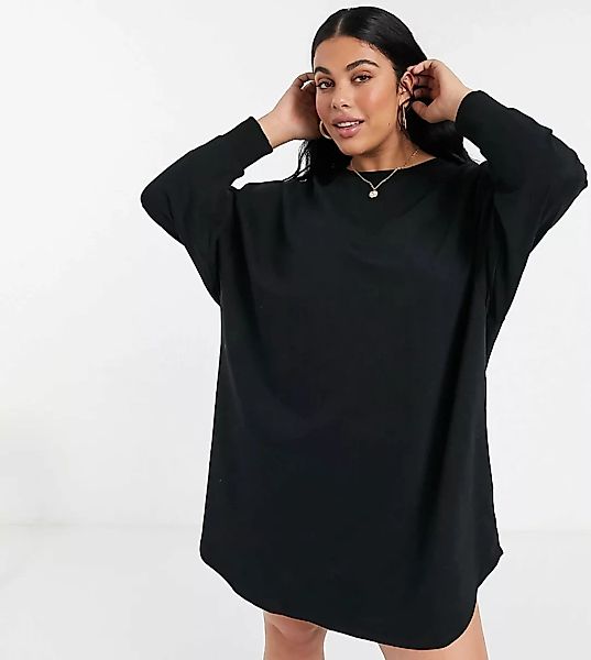 ASOS DESIGN Curve – Übergroßes, gesmoktes Sweatshirt-Kleid in Schwarz günstig online kaufen