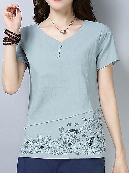 Blätter besticktes Kurzarm-T-Shirt mit V-Ausschnitt für Damen günstig online kaufen