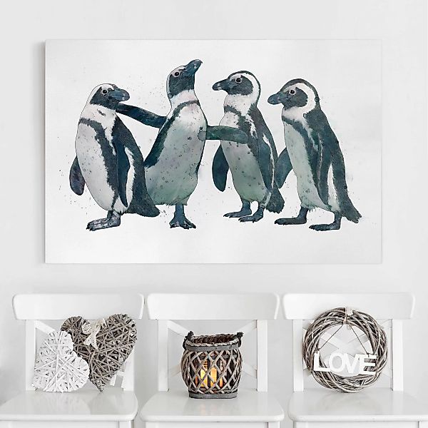 Leinwandbild Tiere - Querformat Illustration Pinguine Schwarz Weiß Aquarell günstig online kaufen