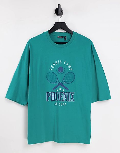 ASOS DESIGN – Oversize-T-Shirt in Grün mit Phoenix-Tennisclub-Aufdruck günstig online kaufen