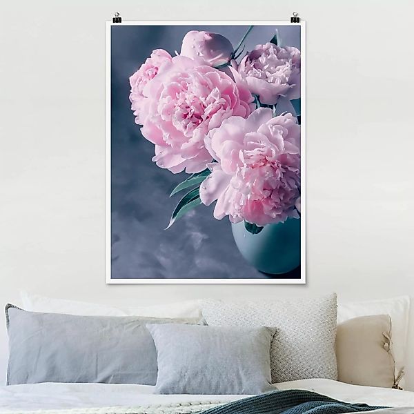 Poster - Hochformat Vase mit Rosa Pfingstrosen Shabby günstig online kaufen