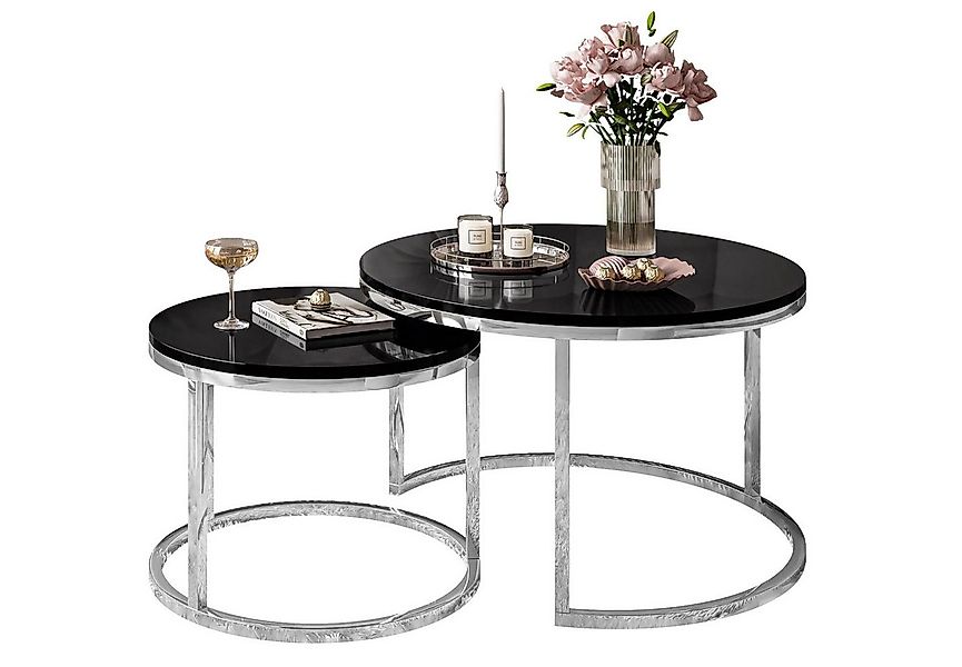Lookway Couchtisch CIRI 2in1 Hochglanz Chrom Gestell Runder Tisch (2er Set) günstig online kaufen