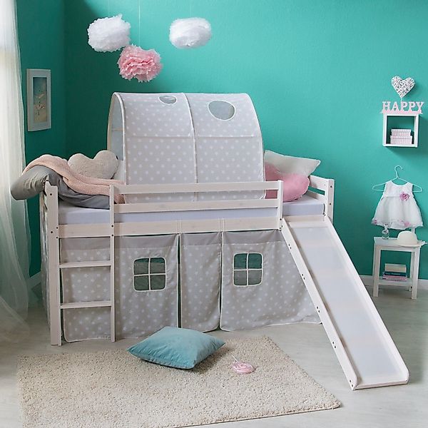 Homestyle4u Hochbett 90x200 Weiß mit Vorhang günstig online kaufen