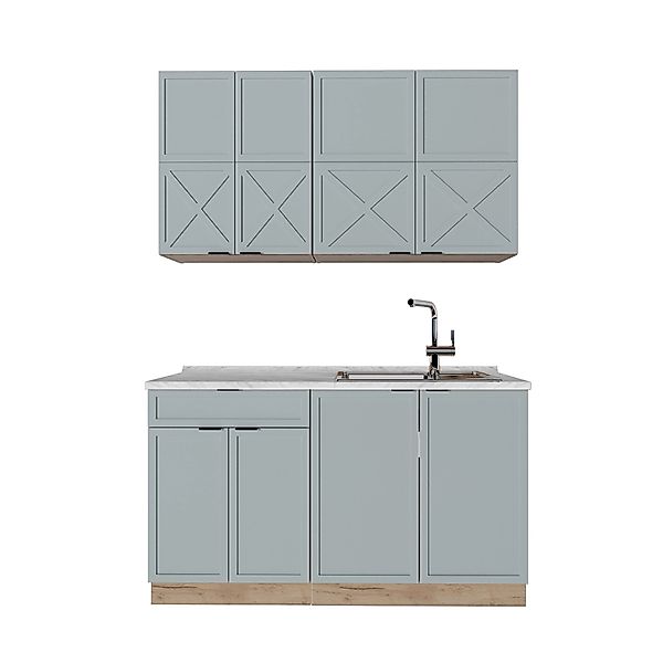 Vicco Fame-Line Singleküche Hellblau-grau/Goldkraft Eiche 140 cm AP Marmor günstig online kaufen