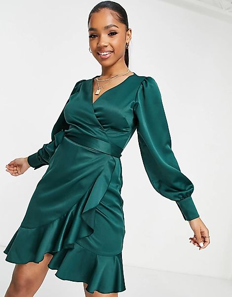 Style Cheat – Kurzes Wickelkleid aus Satin in Smaragdgrün günstig online kaufen
