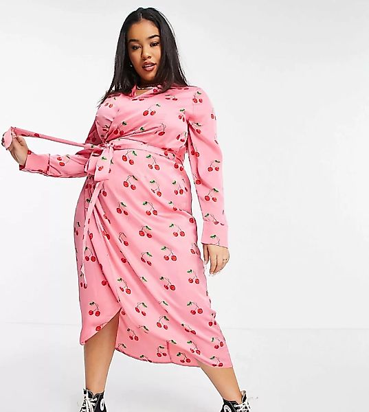 Never Fully Dressed Plus – Midi-Wickelkleid in Rosa mit Kirsch-Print günstig online kaufen