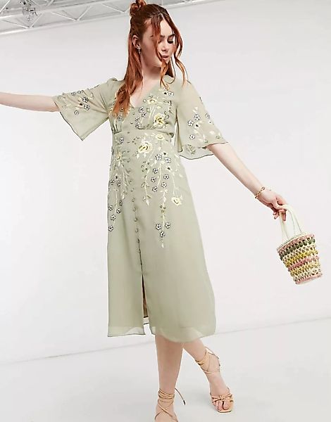 Hope & Ivy – Tief ausgeschnittenes Midi-Freizeitkleid mit Blumenstickerei i günstig online kaufen