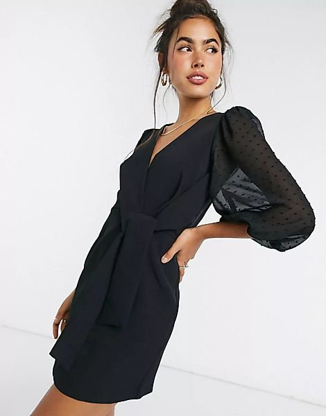 ASOS DESIGN – Schwarzes Minikleid mit Wickeldesign vorne und Puffärmeln günstig online kaufen